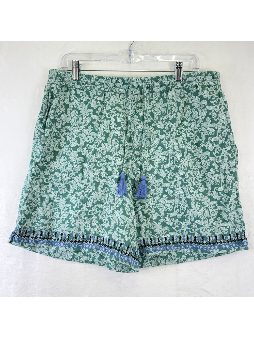 J Jill Love Linen Shorts Green Floral Pull On Womens